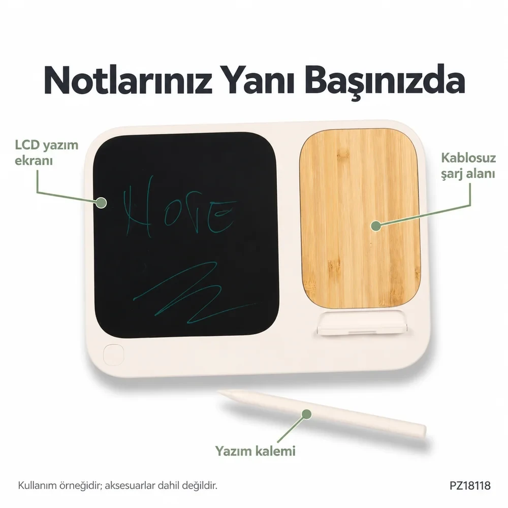 Kablosuz Şarj Cihazı ve LCD Yazım Tableti (Bambu Yüzeyli, 15W Hızlı Şarj, 6.3’’ Not Ekranı)