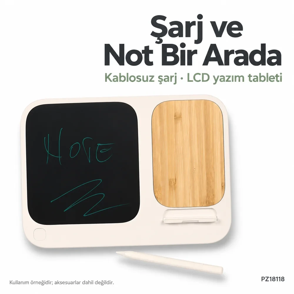 Kablosuz Şarj Cihazı ve LCD Yazım Tableti (Bambu Yüzeyli, 15W Hızlı Şarj, 6.3’’ Not Ekranı)