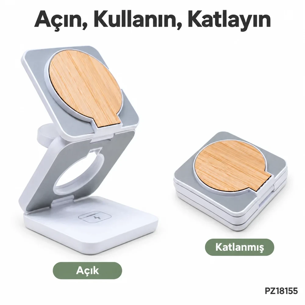 3’ü 1 Arada Katlanabilir Kablosuz Şarj Cihazı (MagSafe, 15W Hızlı Şarj, Telefon Standlı)
