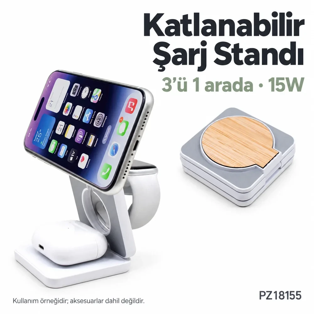 3’ü 1 Arada Katlanabilir Kablosuz Şarj Cihazı (MagSafe, 15W Hızlı Şarj, Telefon Standlı)