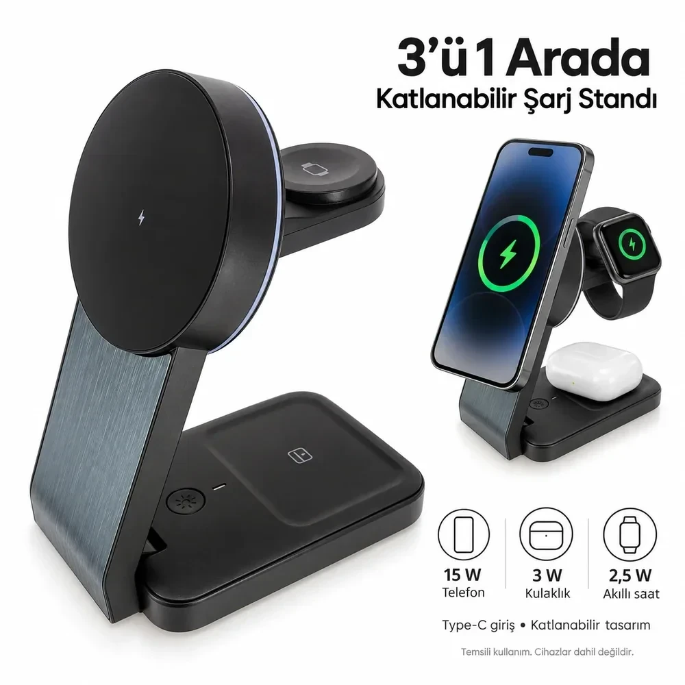 3’ü 1 Arada Katlanabilir Kablosuz Şarj Standı (15W, Type-C Girişli)