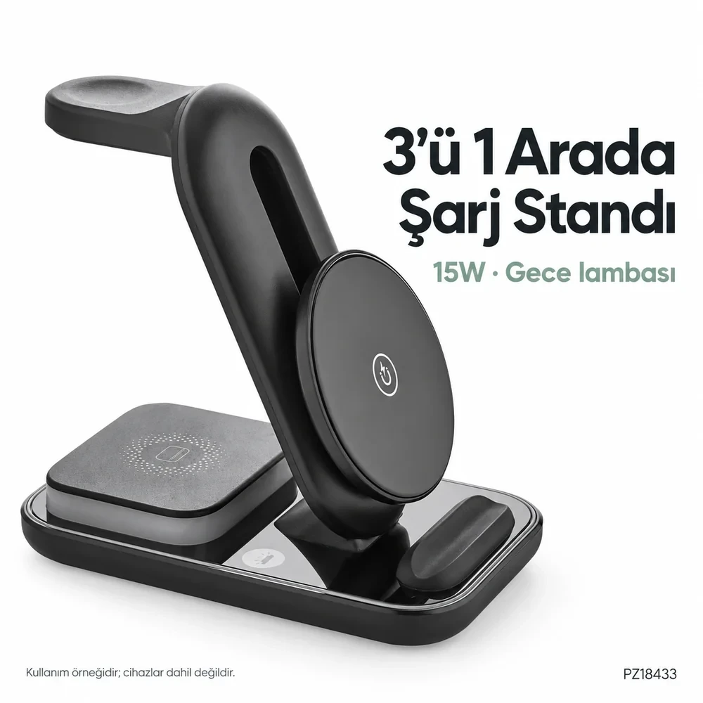 15W MagSafe 3’ü 1 Arada Kablosuz Şarj Standı ve Gece Lambası