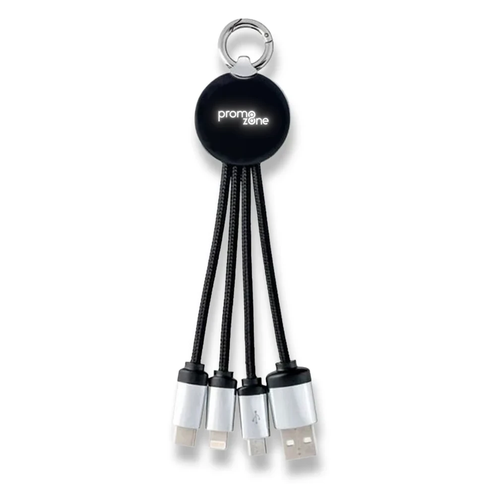 15 cm Işıklı Logolu Klipsli Anahtarlık Tipi 3'ü 1 Arada Şarj Kablosu (USB-C, Lightning, Micro USB)