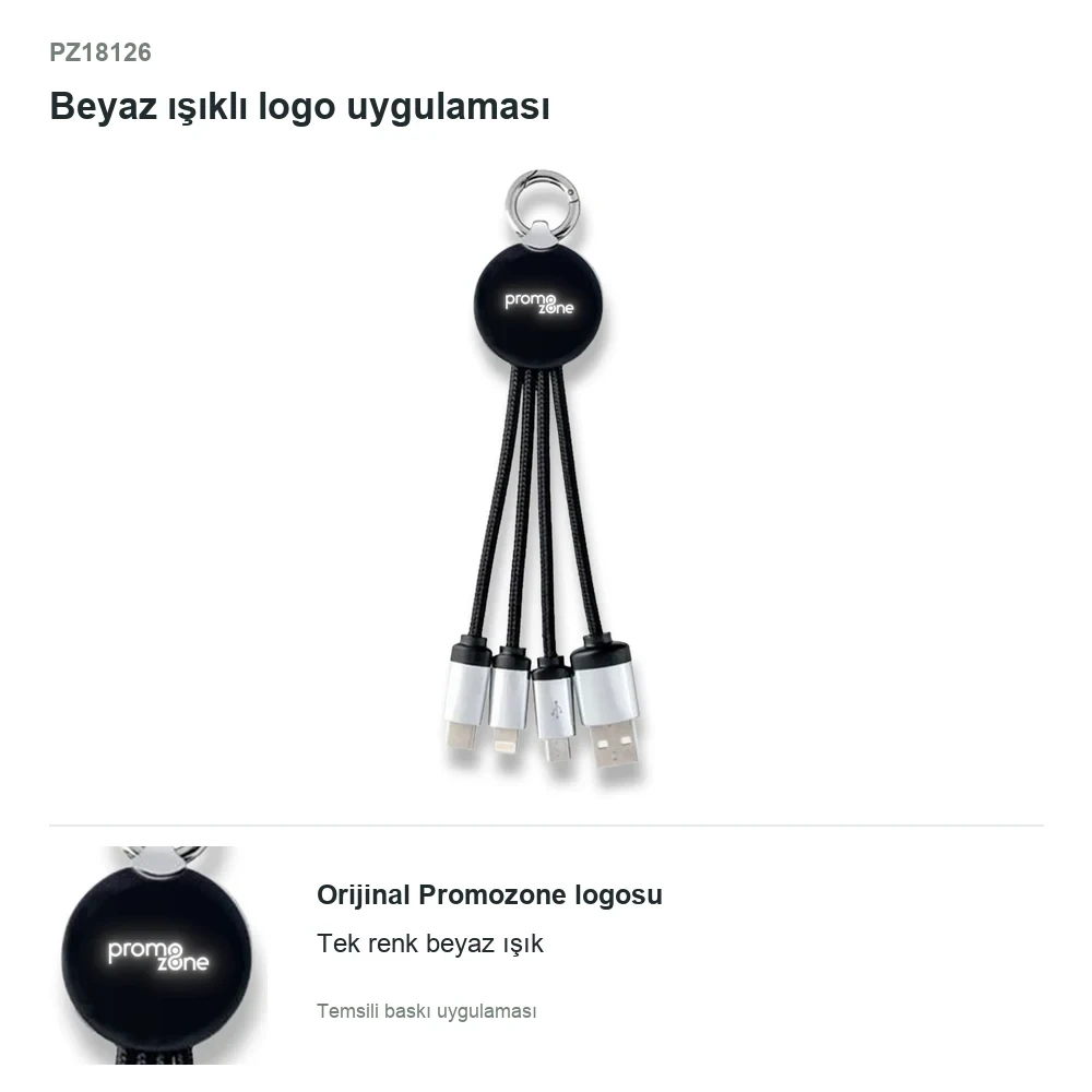 15 cm Işıklı Logolu Klipsli Anahtarlık Tipi 3'ü 1 Arada Şarj Kablosu (USB-C, Lightning, Micro USB)