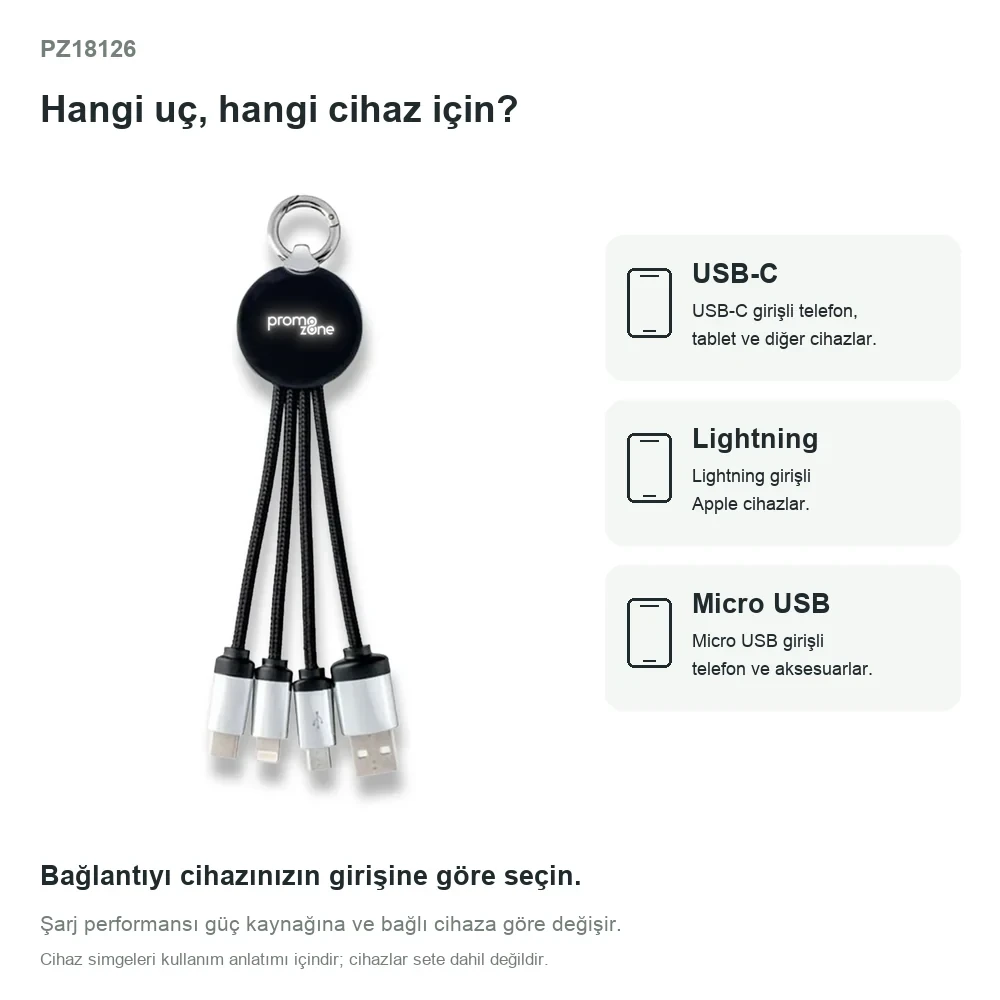 15 cm Işıklı Logolu Klipsli Anahtarlık Tipi 3'ü 1 Arada Şarj Kablosu (USB-C, Lightning, Micro USB)