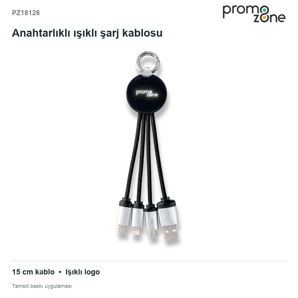 15 cm Işıklı Logolu Klipsli Anahtarlık Tipi 3'ü 1 Arada Şarj Kablosu (USB-C, Lightning, Micro USB)