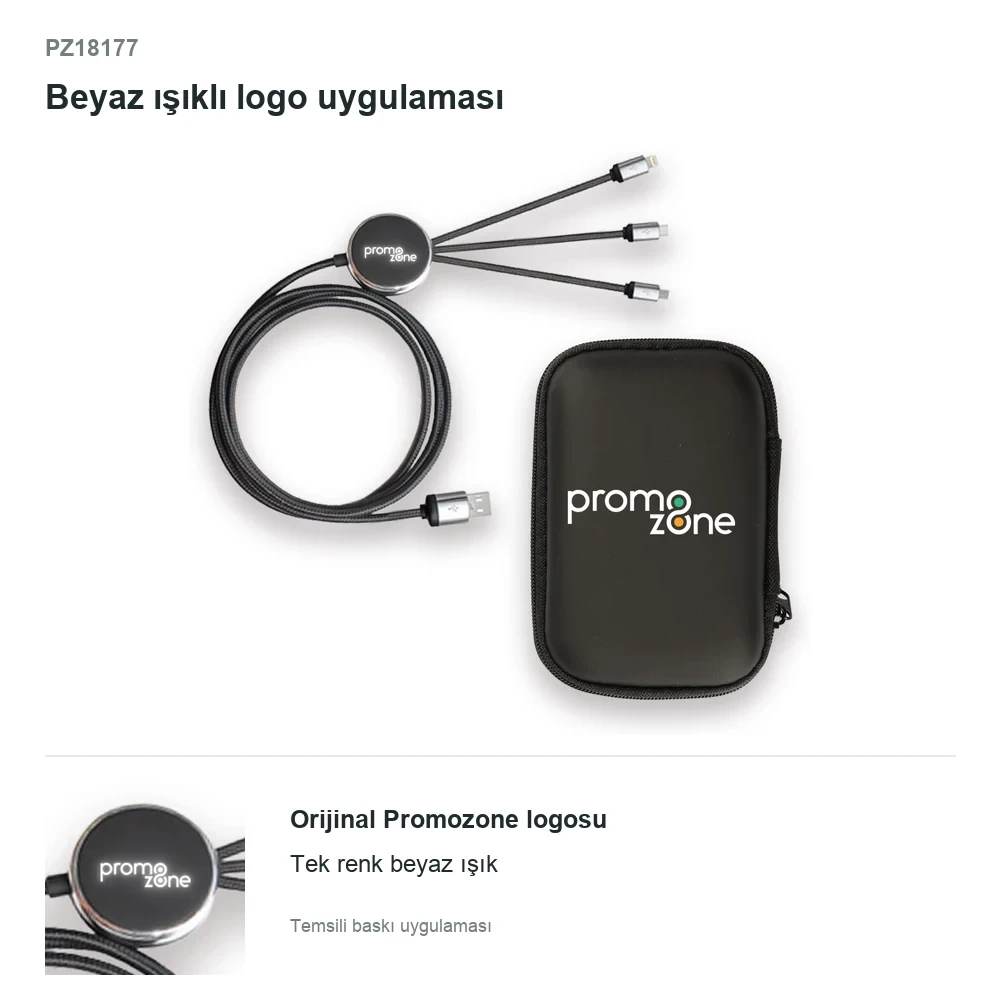 EVA Çantalı 120 cm Işıklı Logolu Çoklu Şarj Kablosu (USB-C, Lightning, Micro USB)