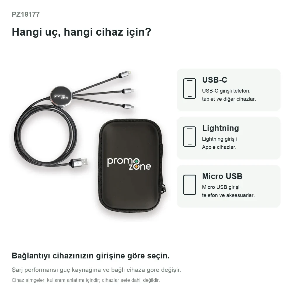 EVA Çantalı 120 cm Işıklı Logolu Çoklu Şarj Kablosu (USB-C, Lightning, Micro USB)