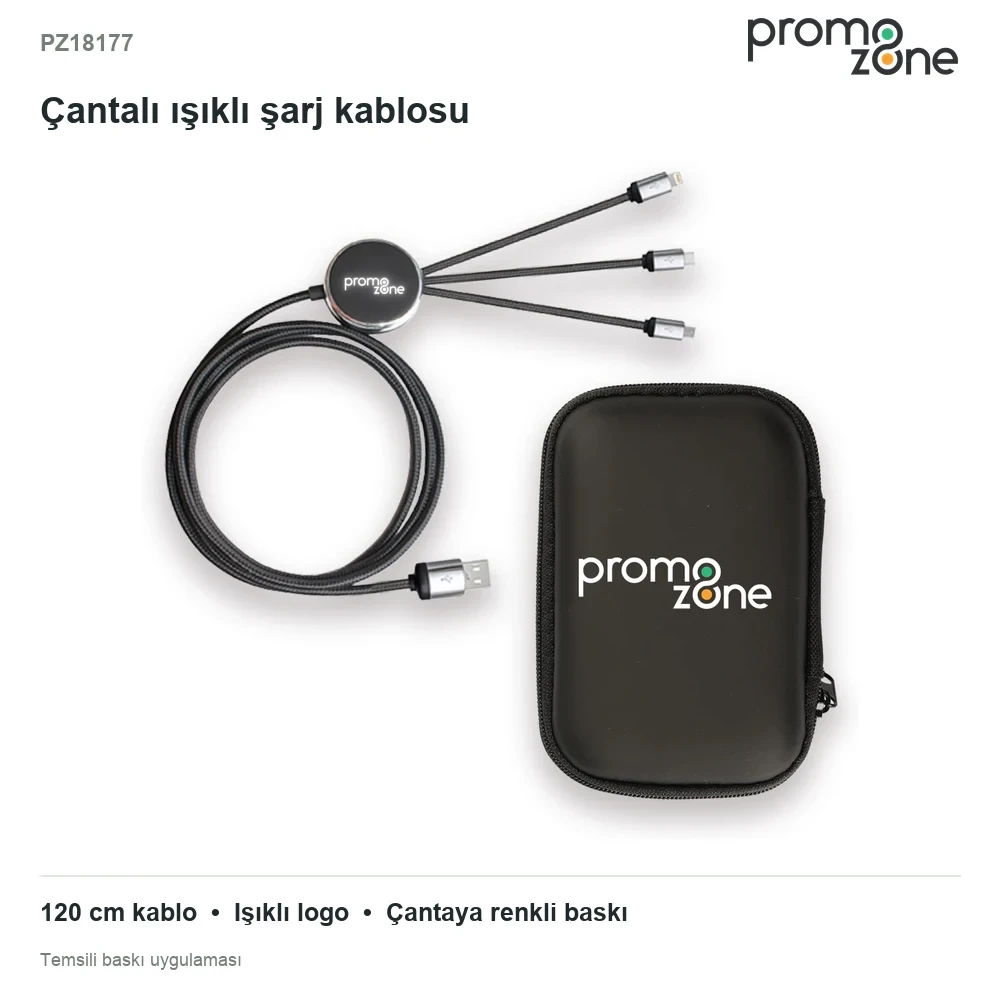 EVA Çantalı 120 cm Işıklı Logolu Çoklu Şarj Kablosu (USB-C, Lightning, Micro USB)