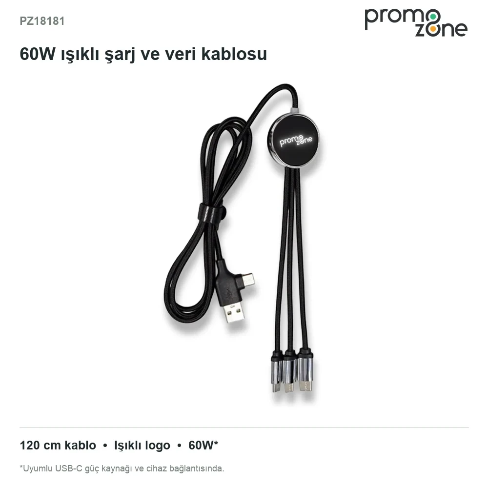 Işıklı Logo 60W Hızlı Type-C Uçlu Şarj Kablosu (Data Transferli)