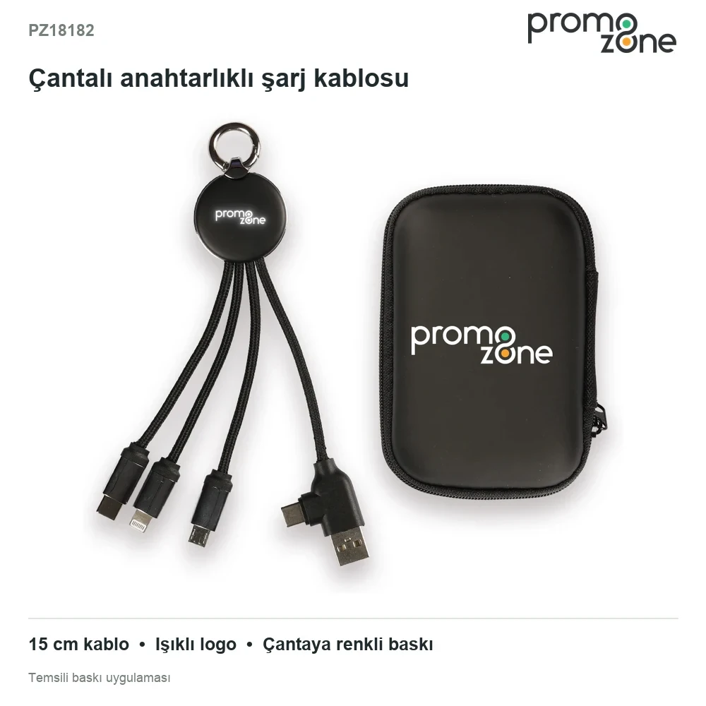 EVA Çantalı Işıklı Logolu 15 cm Anahtarlık Tipi 3’ü 1 Arada Şarj Kablosu (USB-C, Lightning, Micro USB) – Veri Aktarımlı