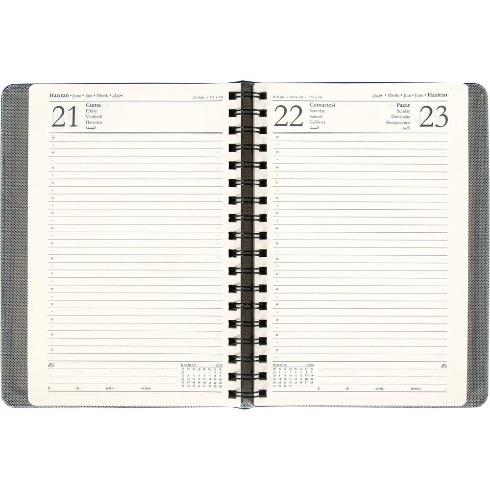 16,5 x 22 cm Metal Tokalı Spiralli Termo PU Sert Kapaklı Günlük Tarihli Ajanda 336 Sayfa 70 gr Ivory Krem Çizgili İç Kağıt Kalem Tutuculu
