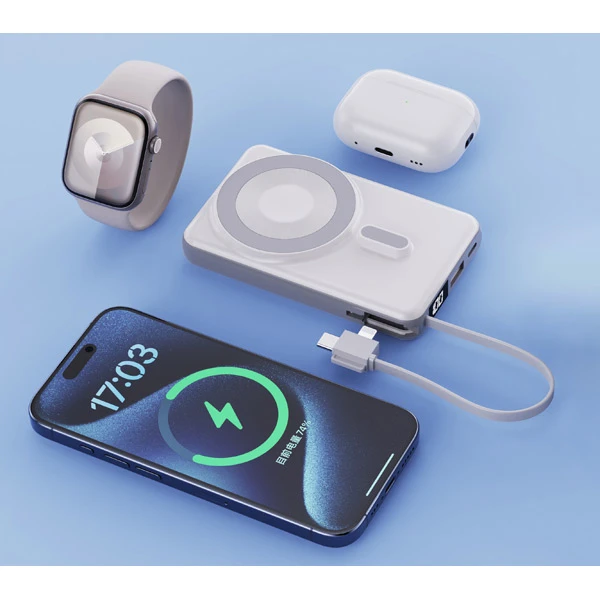 10000 mAh PD Hızlı ve Wireless Şarj Özellikli Dahili Kablolu Powerbank - Beyaz