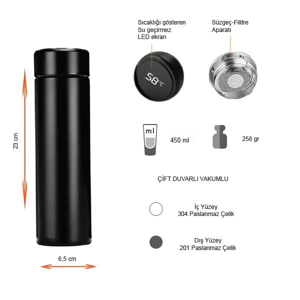 Led Isı Göstergeli Termos 450ml Promozone