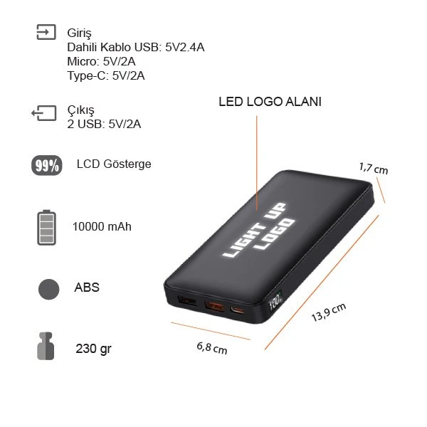 10.000 mAh Işıklı Powerbank LCD Göstergeli Promozone