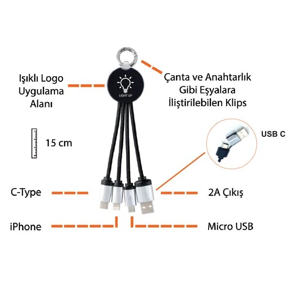 Işıklı Kısa Şarj Kablosu Type-C Uçlu Promozone