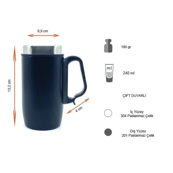 Kulplu Termos Tipi Çelik Kupa Bardak 240 ML Promozone