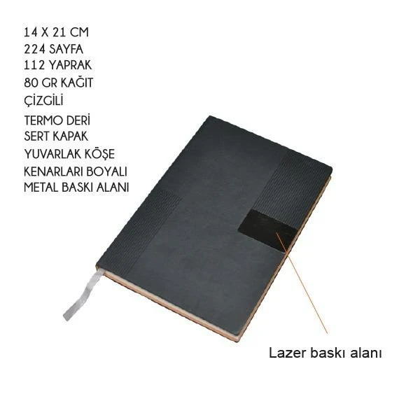 14 x 21 cm Termo Deri Sert Kapaklı Tarihsiz Defter, 224 Sayfa, 80gr Ivory İç Kağıt, Kenarları Boyalı, Metal Tokalı, Metal Baskı Alanı Promozone