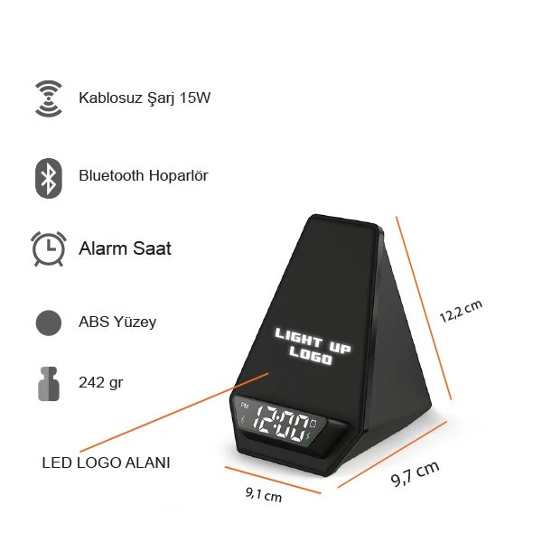 15W Işıklı Kablosuz Şarj Cihazı - Bluetooth Hoparlör (Akıllı Saat ve Alarm Özellikli) Promozone