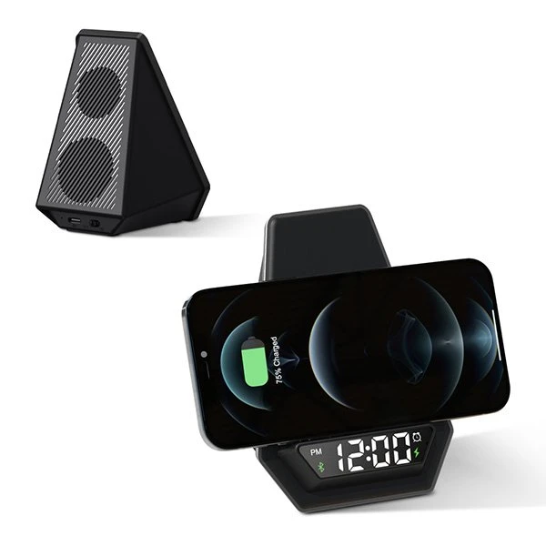 15W Işıklı Kablosuz Şarj Cihazı - Bluetooth Hoparlör (Akıllı Saat ve Alarm Özellikli) Promozone