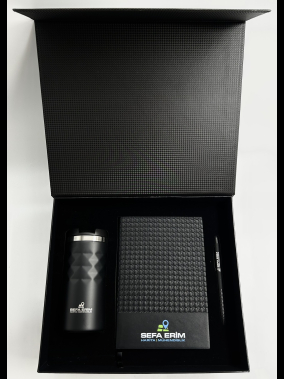 Touchpen Diamond Kalem, 14×21 Kenarları Boyalı Termo Deri Defter & 300 ml Termos Tipi Çelik Kupa Bardak Kutulu VIP Hediye Seti