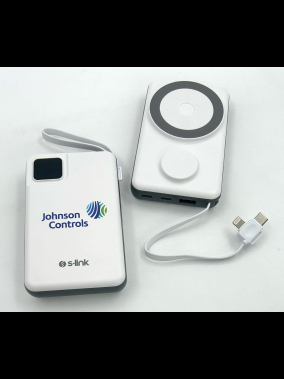 S-link M120 10000mAh Type-C PD20W Hızlı Şarj+QC 3.0 18W Şarj Kablosuz Wireless ve Magsafe 15W Şarj Dahili Type-C+Lightning Uyumlu Kablolu Dijital Ekranlı Taşınabilir Powerbank