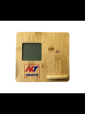 Bambu Masaüstü Saat ve Kablosuz Şarj Cihazı (Alarm, Tarih ve Sıcaklık Göstergeli, Qi Teknolojili)