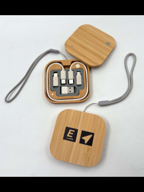 Çok Fonksiyonlu Taşınabilir Kablo Seti (Kare Bambu Kutu, 60W, Sim Kart Saklama )