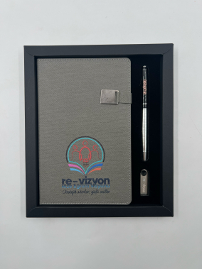 13×21 Denim Deri Defter, Metal Roller Kalem & 16 GB USB Bellek Kutulu Hediye Seti