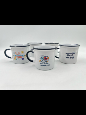 Süblimasyon Kulpu ve Ağız Çevresi Renkli Enamel Emaye Kupa - Kutulu